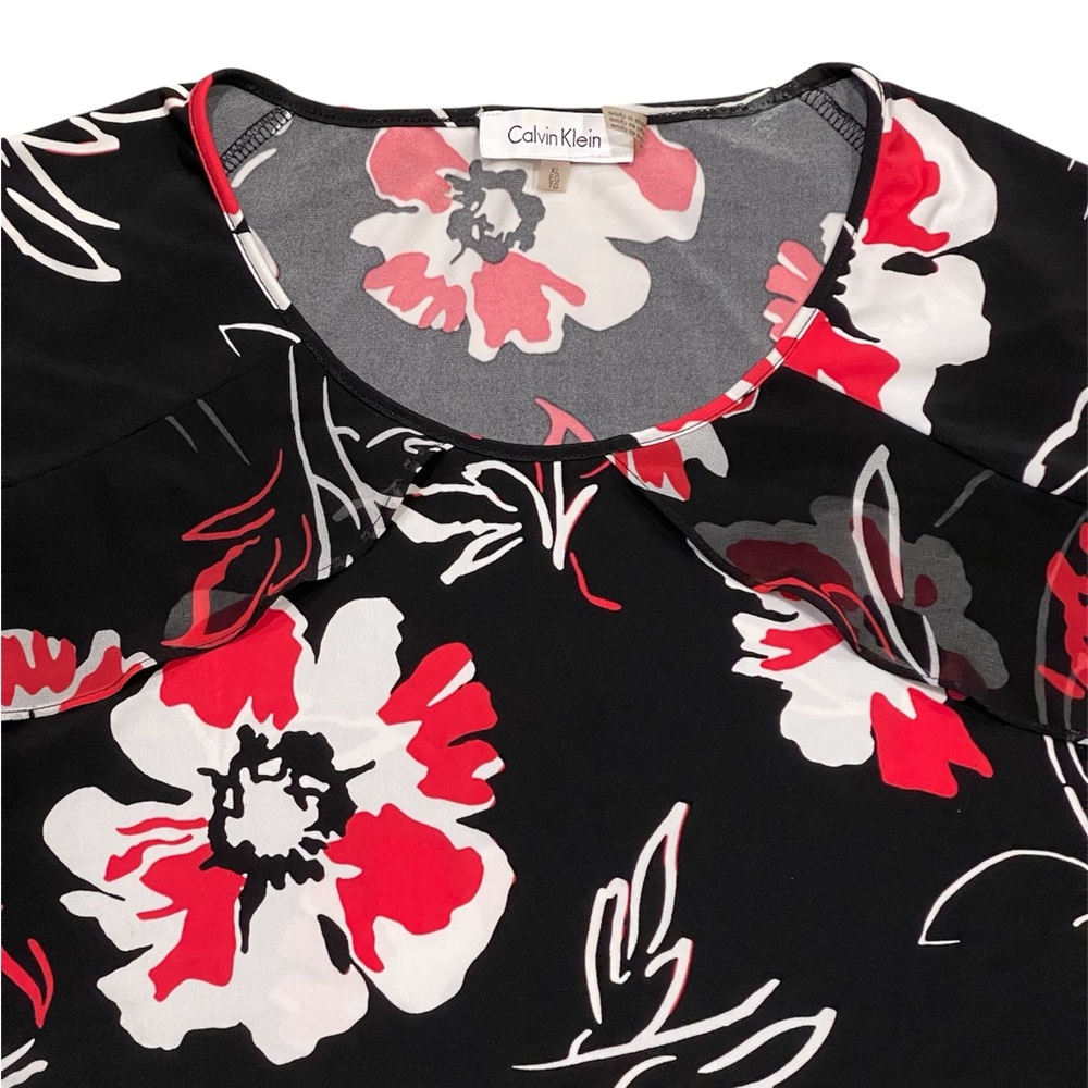 CALVIN KLEIN Womens Floral Top XL Black Red White Short Ruffle Sleeve Round Neck - Picture 4 of 10